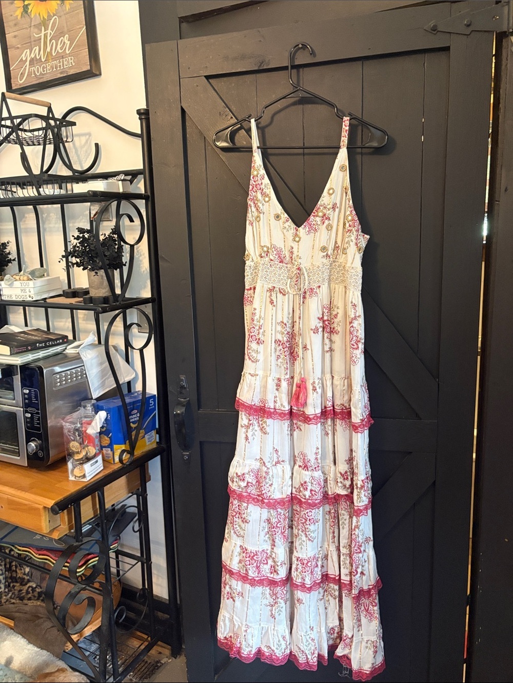 Cream Maxi Dress with Pink Floral Trim - V-Neck Tiered Summer Maxi